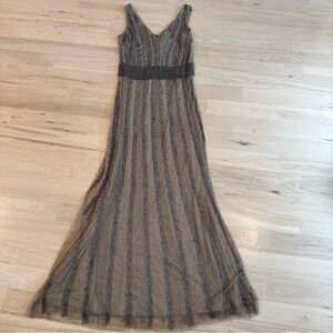 Pamella Roland  Brown Beaded Embroidered Tulle Evening Gown-Party Dress-Size 4